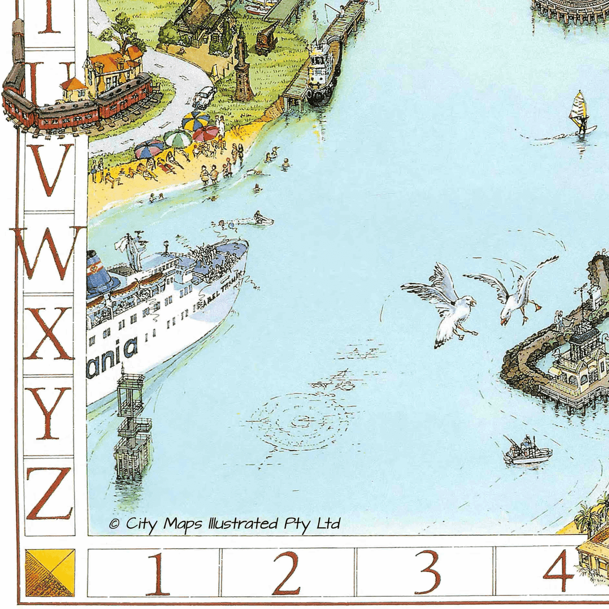 The bottom right corner of the 1991 Vintage Melbourne Map. The image shows the detail of the drawing, part of the Spirit of Tasmania, and the axis. 