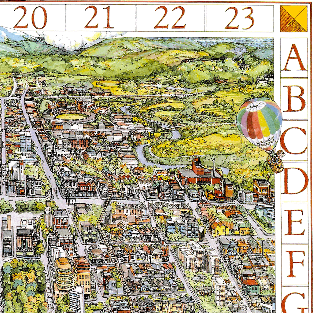 The top right corner of the 1991 Vintage Melbourne Map. This section shows the axis, the Dandenongs in the background, a hot air balloon, and residential Melbourne