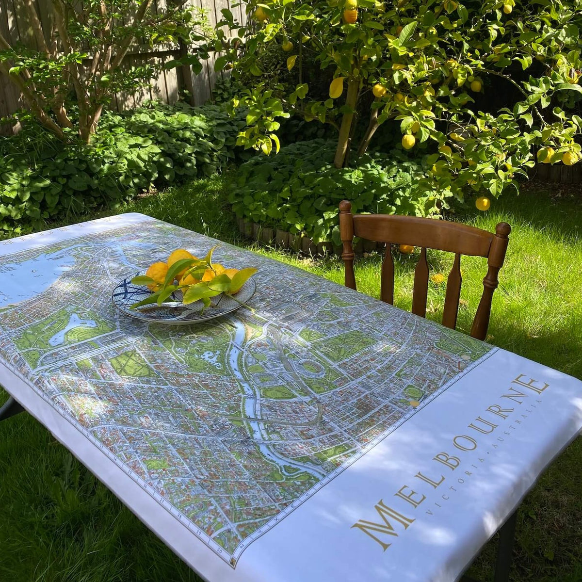 The Melbourne Map Beach Towel being used here as a tablecloth in the garden of our beautiful Drysdale studio. 