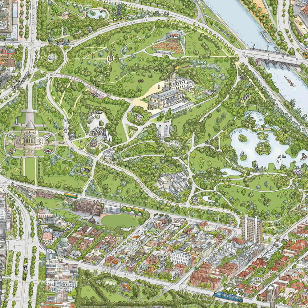 A tile from The Melbourne Map hand-illustration depicting The Royal Botanical Gardens, Government House, The Shrine of Remembrance, Sidney Myer Music Bowl, and The Yarra River 