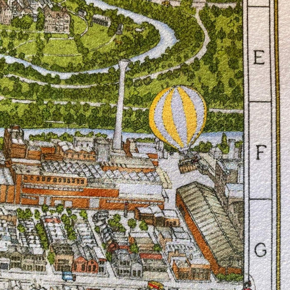 A close up of the print detail on The Melbourne Map tea towel showing the border and hot air balloon