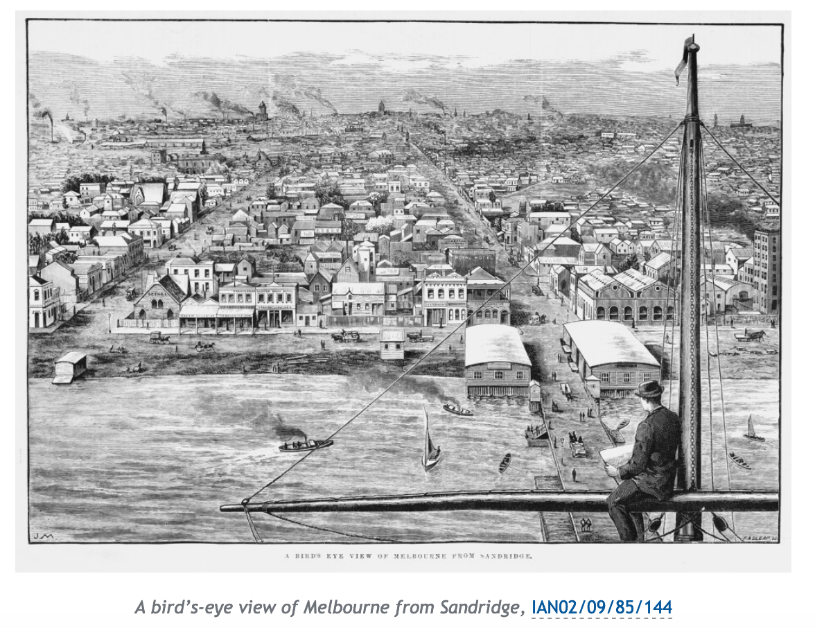 man sitting on the top of a mast of a boat on the yarra sketching the buildings in 1880