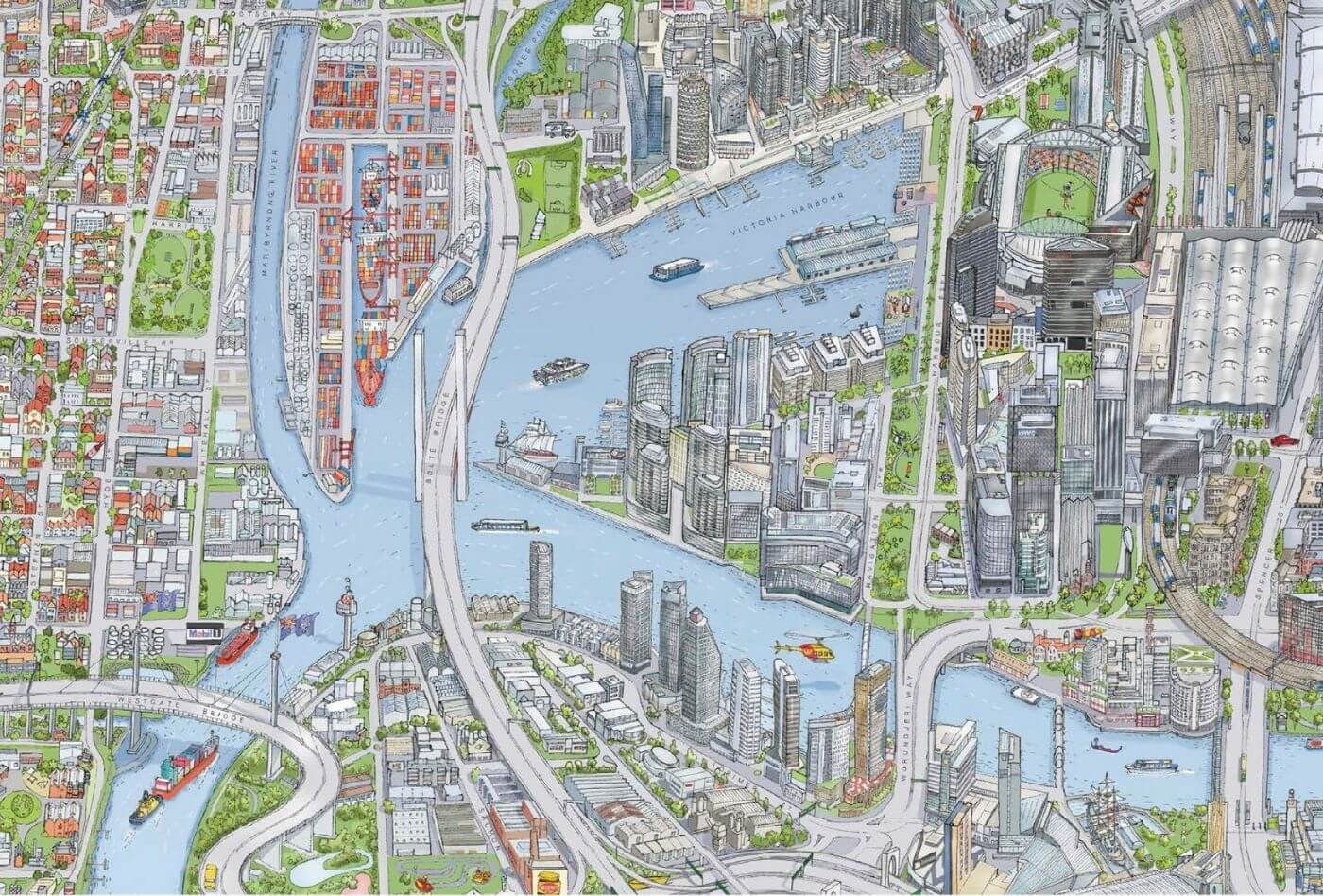A close-up of the colour Melbourne Map. This area features Docklands.