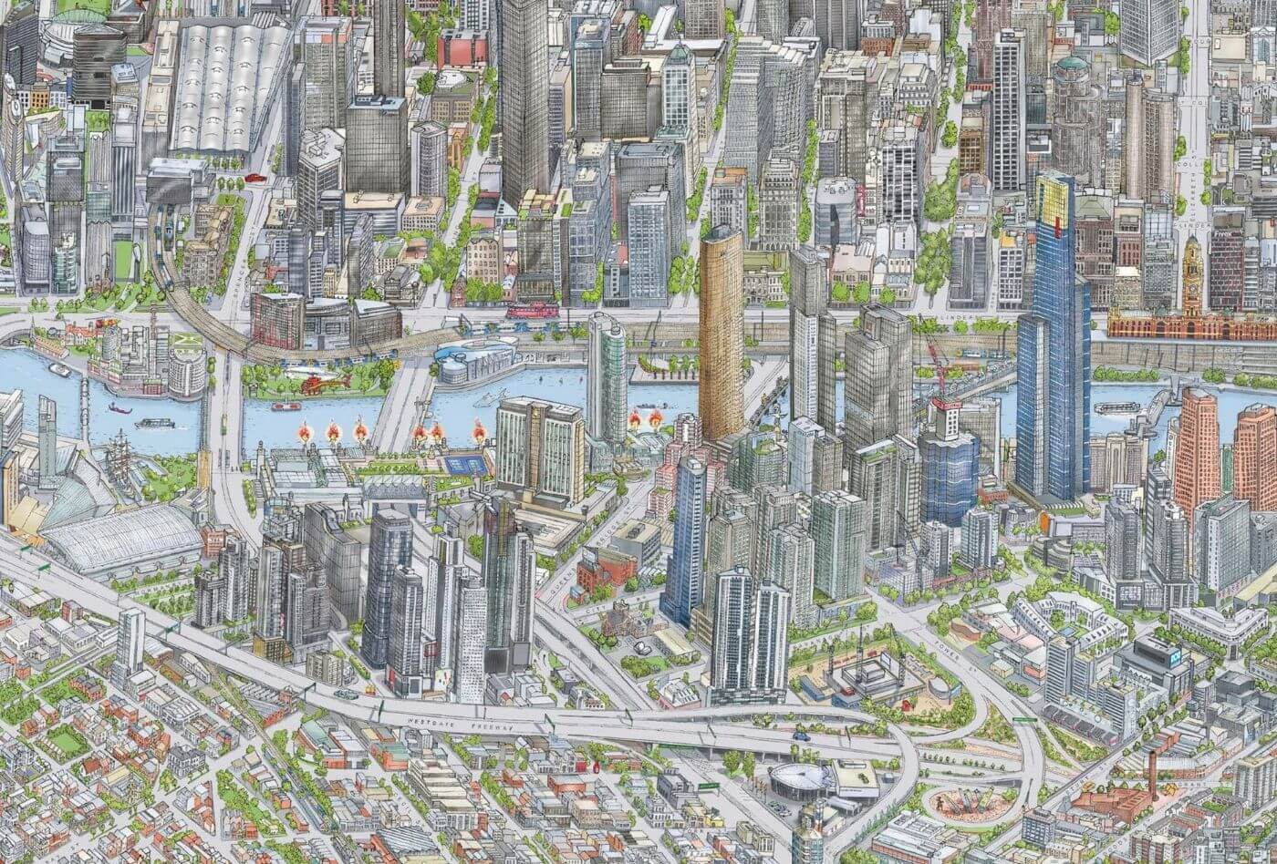 A close-up of the colour Melbourne Map. This area features the Eureka Tower, Southbank and Crown.