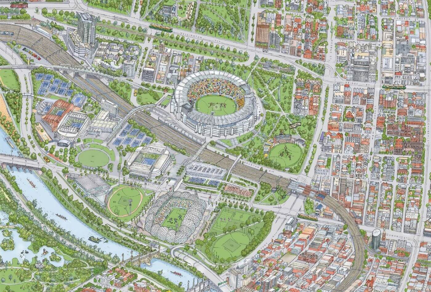 A close-up of the colour Melbourne Map. This area features Melbourne's famous sporting venues and the Yarra River. 