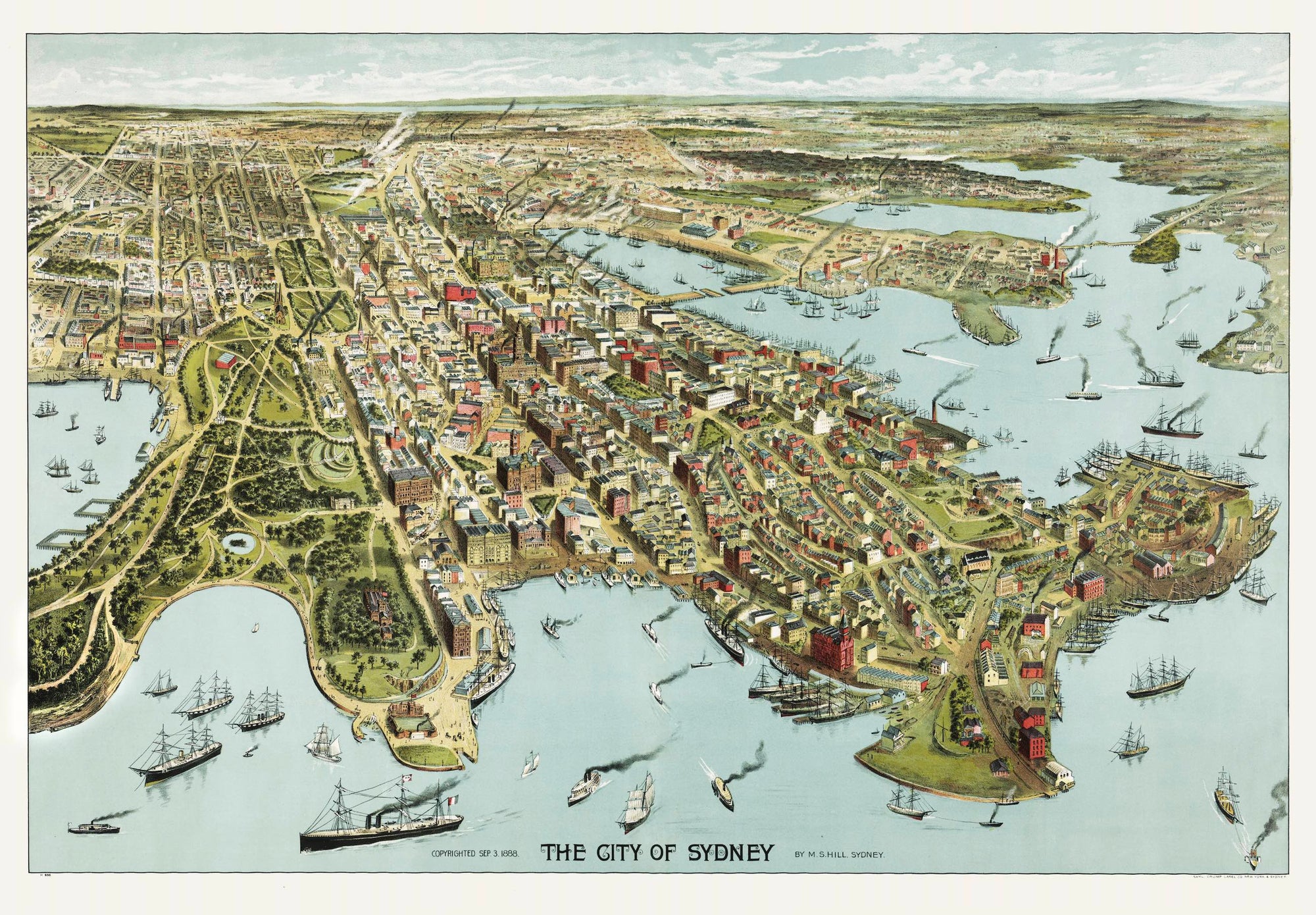 A detailed hand illustrated map of the city of Sydney. Hand drawn in 1888 and in full colour