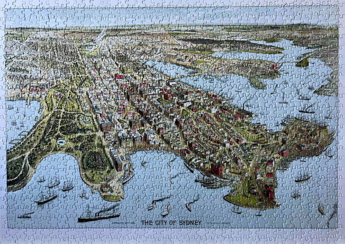 Photo of a completed jigsaw puzzle of 1000 pieces. The image is a vintage colour illustration of the Sydney in 1888