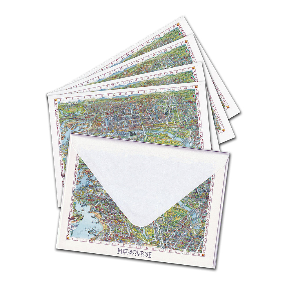 A fanned stack of 5 Vintage Melbourne Map gift cards with envelopes on a white background