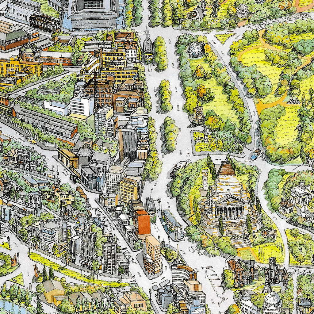 A close-up section of the 1991 Vintage Melbourne Map showing the Shrine of Remembrance and part of the botanical gardens. 