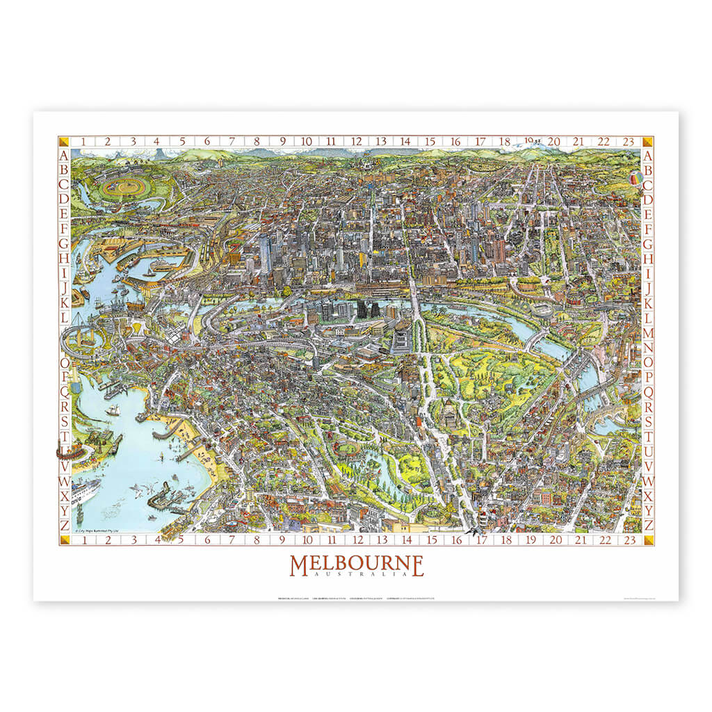 The 1991 Vintage Melbourne Map Open Edition Colour Print. The image shows the entire hand illustrated map of Melbourne.