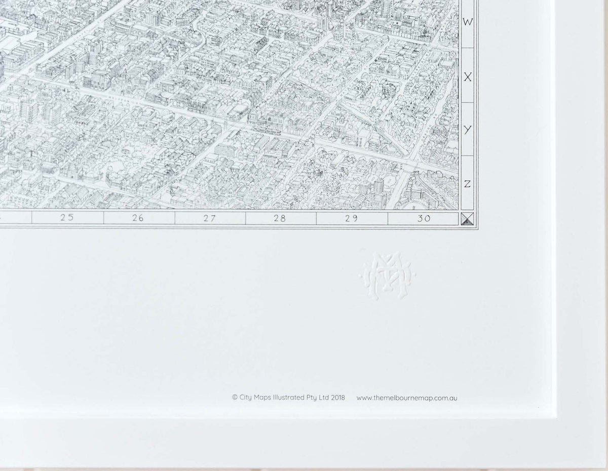 A close-up of the bottom right corner of the black and white line drawing of The Melbourne Map showing the intricate details of the illustration as well as the embossing. Framed in white