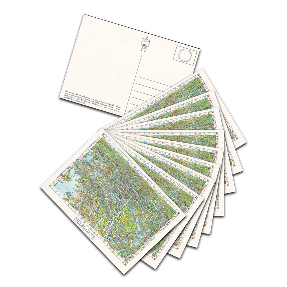 A fanned stack of 10 Vintage Melbourne Map Postcards on a white background
