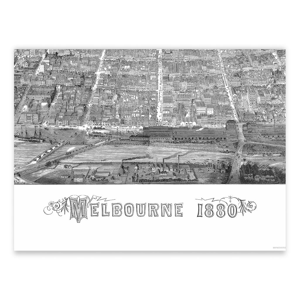 A close-up section of Samuel Calvert&#39;s 1880 engraving of Melbourne. Showing Flinder St Station and the Yarra River