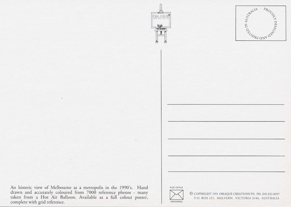 The back of the postcard which features the original logo of Oblique Creations, the space for a message and address, and a brief description of the artwork. The logo is an image of an easel with an artboard, and a pot of pens and brushes.