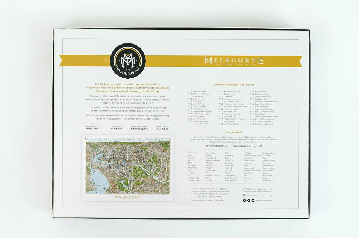 A clear shot of the back of the box of The Melbourne Map 1,000-piece jigsaw puzzle showing a brief overview of the project, the points of interest and the can you find list. 