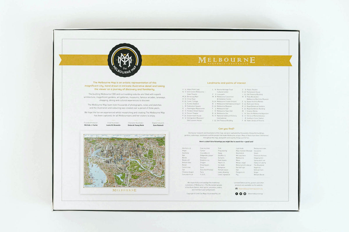 A clear shot of the back of the box of The Melbourne Map 1,000-piece jigsaw puzzle showing a brief overview of the project, the points of interest and the can you find list.