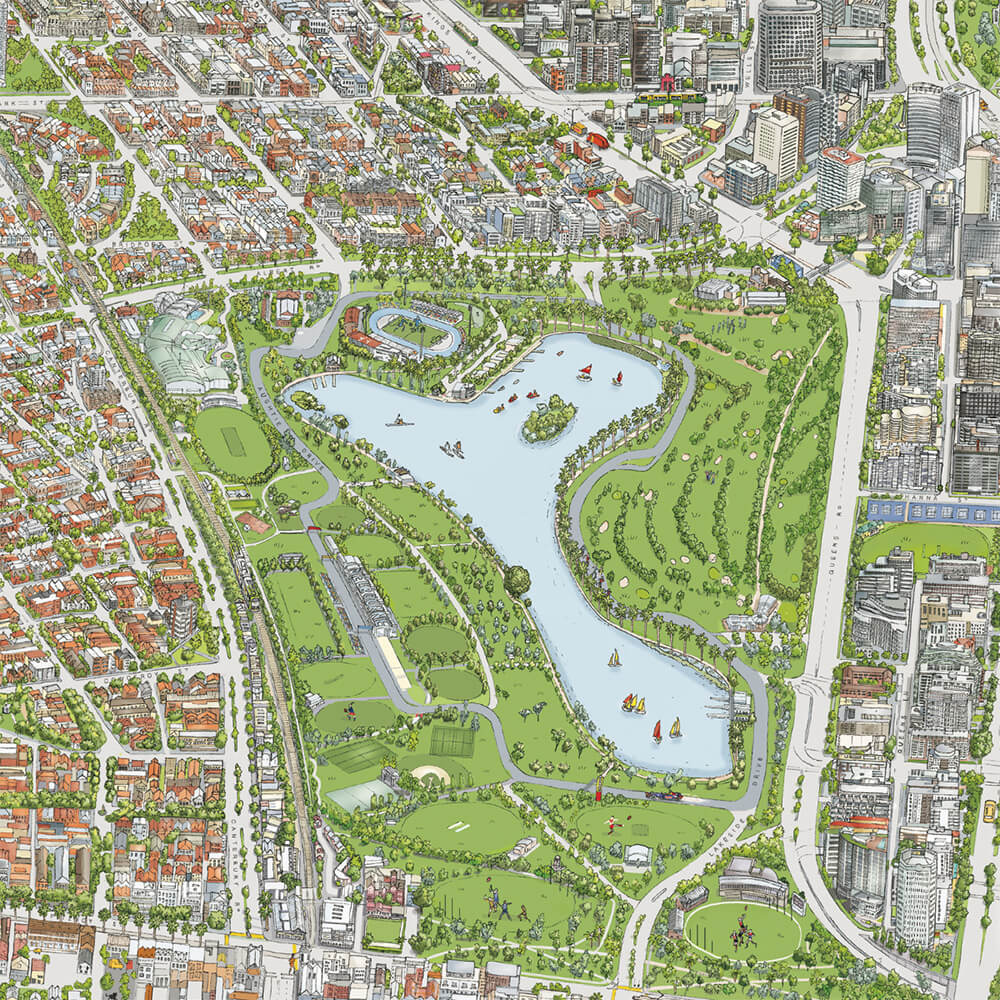 A tile from The Melbourne Map hand-illustration depicting Albert Park Lake and the sporting areas around it, Formula 1 and Queens Road heading back towards the city.