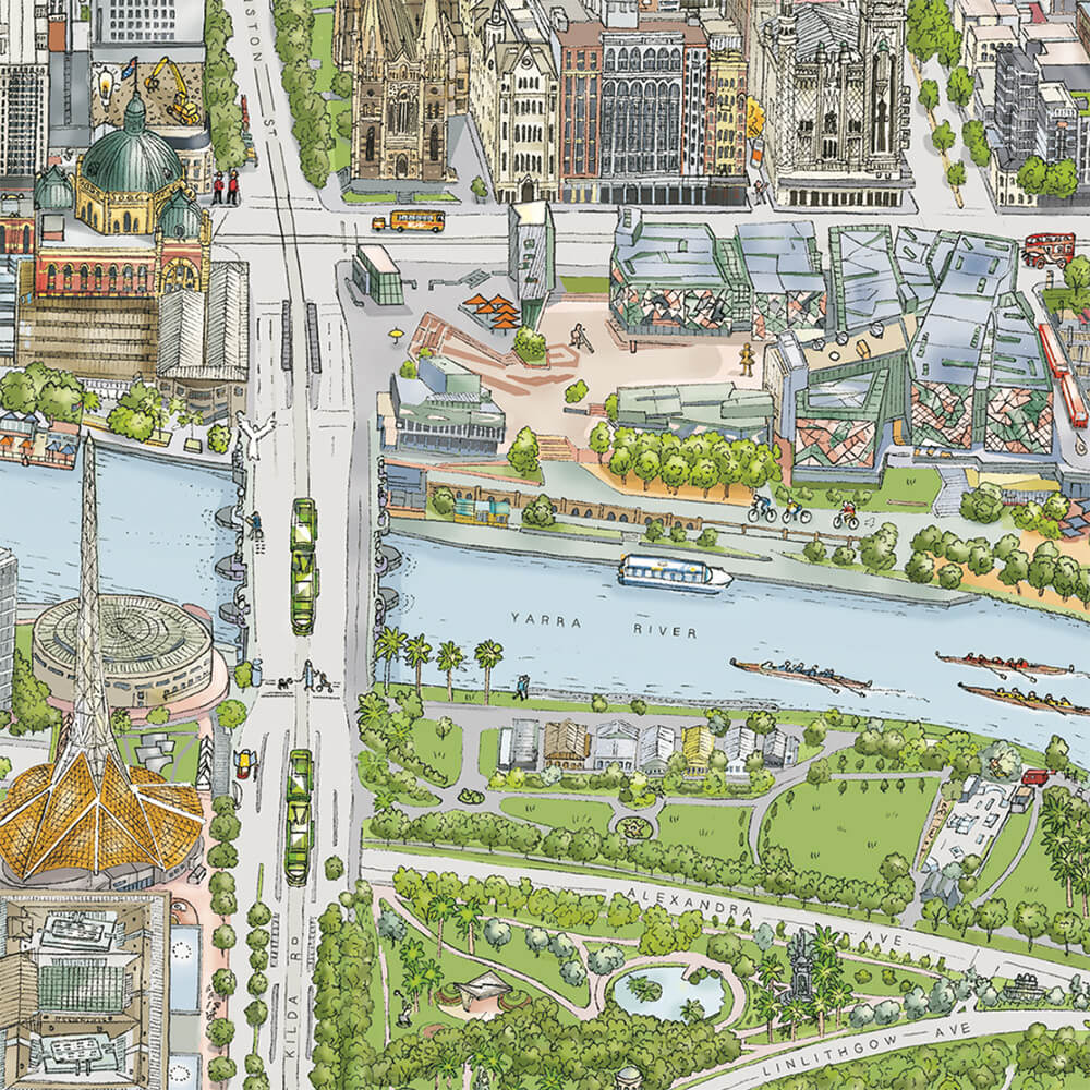 A tile from The Melbourne Map hand-illustration showing the Yarra River with rowers, The Arts Centre, Hamer Hall, The Boat Sheds, Federation Square, Flinders St Station and the iconic Melbourne Trams.