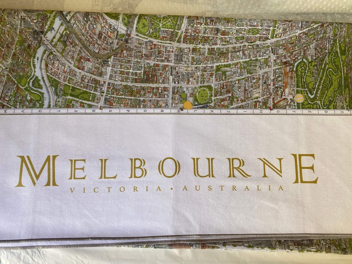 The Melbourne Map Beach Towel. Showing the end  of the towel where the &quot;Melbourne&quot; title has been placed.