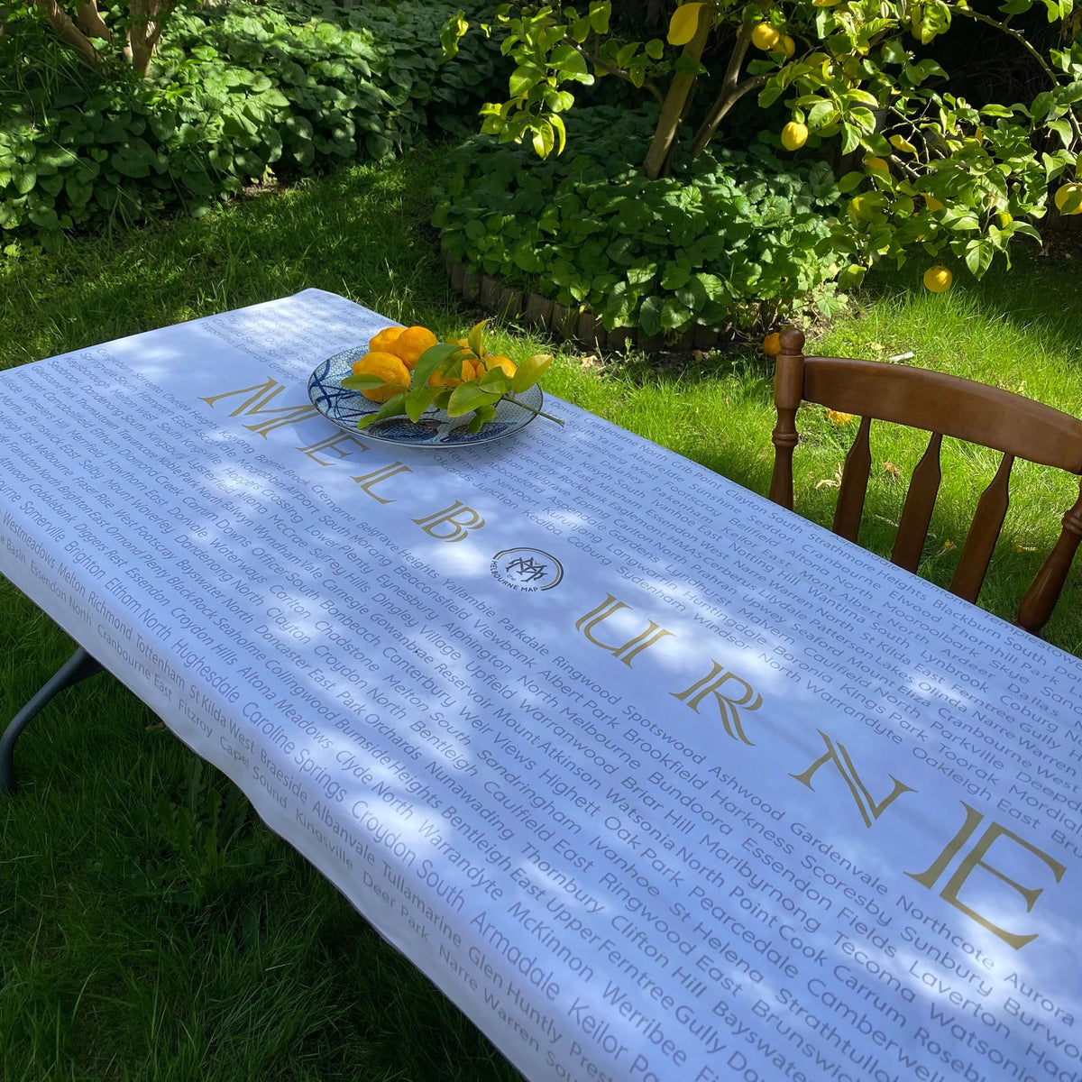 The reverse side of The Melbourne Map Beach Towel being used here as a tablecloth in the garden of our beautiful Drysdale studio.