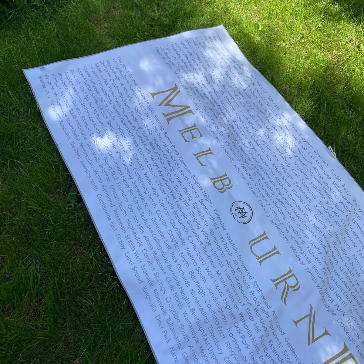 The reverse side of The Melbourne Map Beach Towel showing the 398 suburbs of Melbourne. Can be used as a pinic rug and tablecloth also 