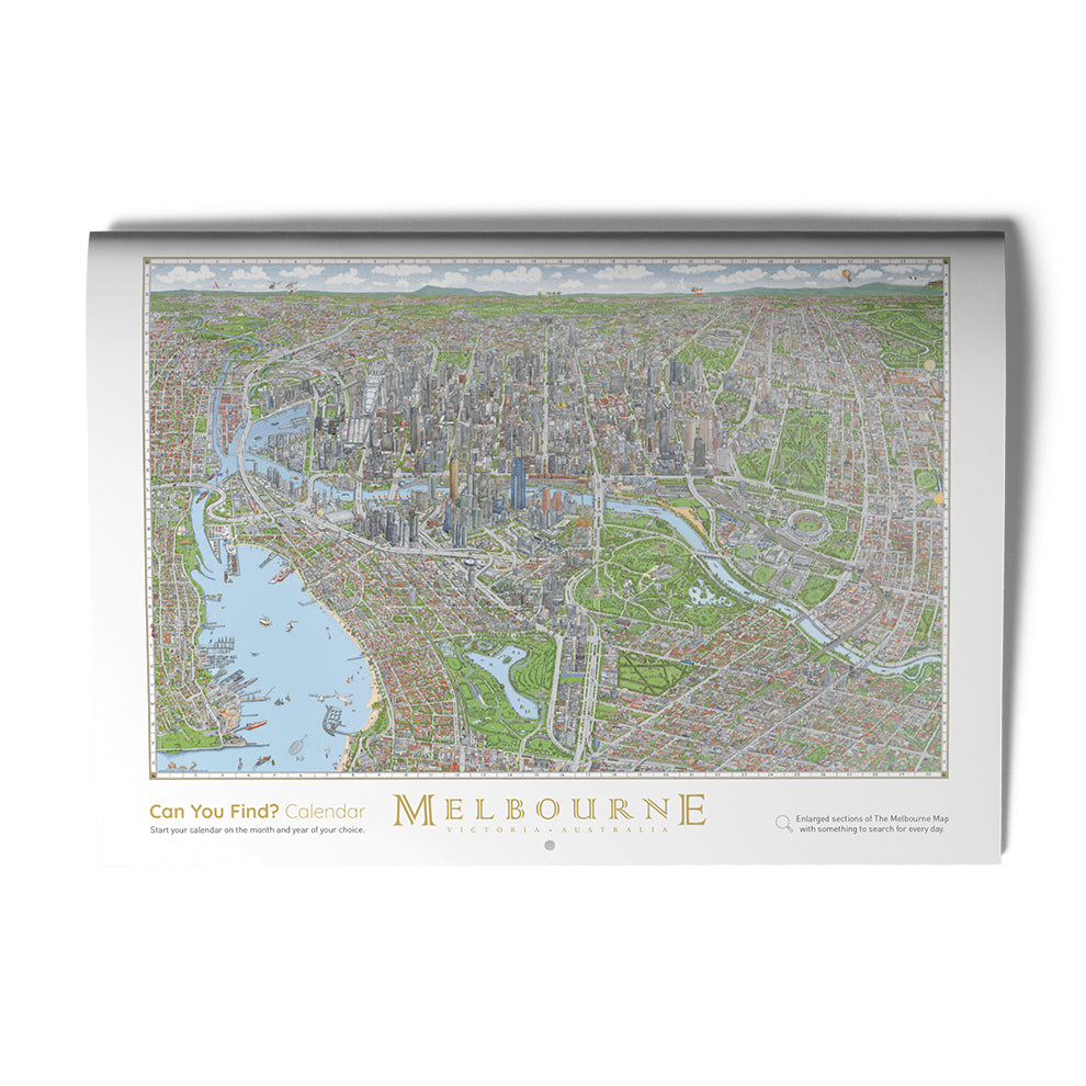 The front cover of the &quot;Can You Find?&quot; perpetual calendar. The cover shows the entire Melbourne Map illustration and is sat on a white background. 