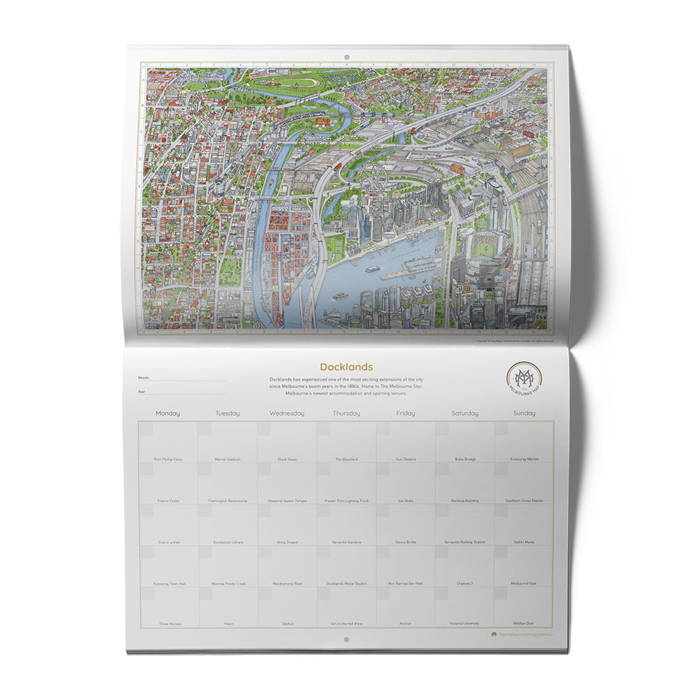 The &quot;Can You Find?&quot; Calendar open to show the Docklands page which features the Docklands section of the map illustration and the calendar page date boxes. 
