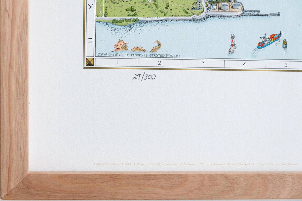 The bottom left corner of a colour limited edition of 300 framed in oak. The close up shows the pencilled numbering of the print as well as some detail of the map monster that guards the copyright 