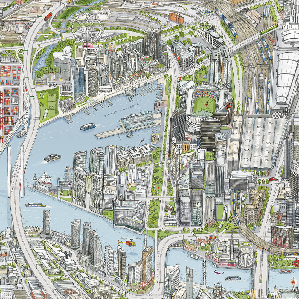 A tile of The Melbourne Map hand-illustration showing the Docklands area of Melbourne. The image features Marvel Stadium, Westpac Lifesavers Helicopter, Bolte Bridge, Melbourne Star, and Southern Cross Station.