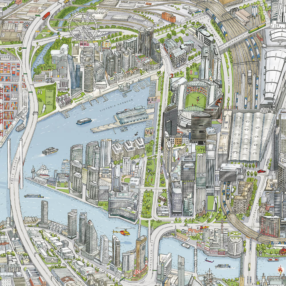 A tile of The Melbourne Map hand-illustration showing the Docklands area of Melbourne. The image features Marvel Stadium, Westpac Lifesavers Helicopter, Bolte Bridge, Melbourne Star, and Southern Cross Station.