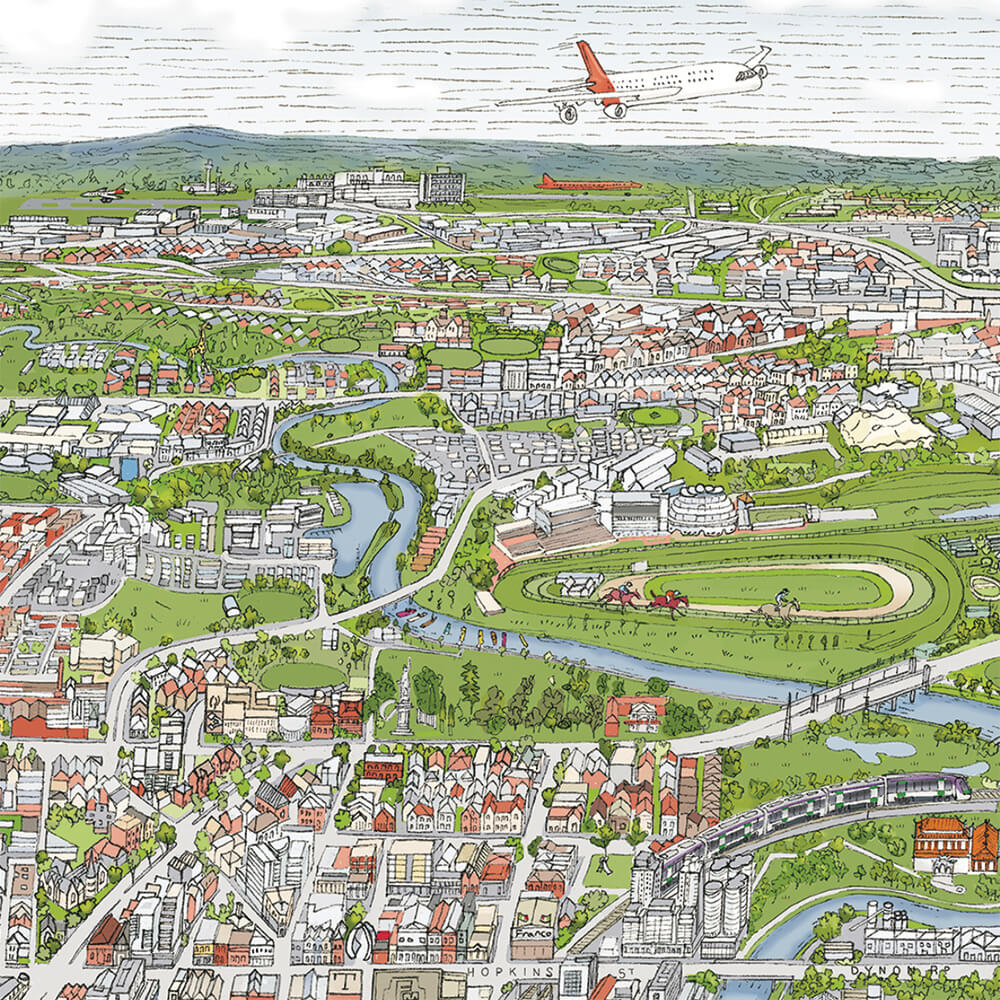 A tile from The Melbourne Map hand-illustration showing Flemington Racecourse, Melbourne Airport.