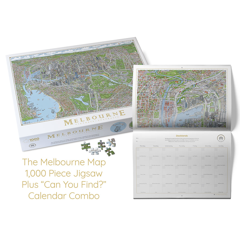 The Melbourne Map &quot;Can You Find?&quot; Perpetual Calendar is displayed open to show the page spread representing the Docklands area of The Melbourne Map, and showing the date box details. The calendar is to the right of the box for The Melbourne Map 1,000-piece jigsaw puzzle. There are four loose pieces in front of the box and wording that reads &quot;The Melbourne Map 1,000-piece jigsaw plus &quot;Can You Find?&quot; Calendar Combo