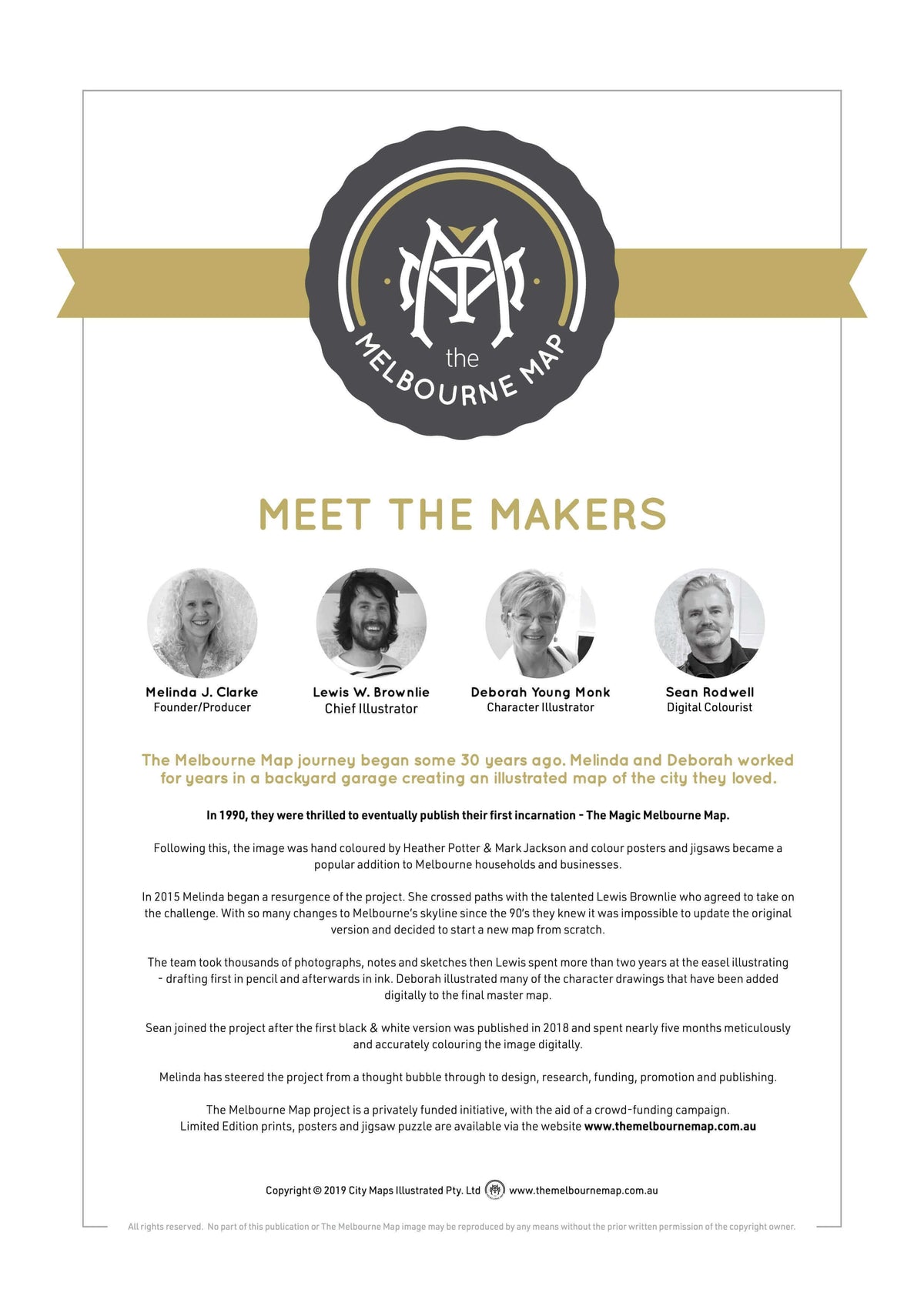 The Melbourne Map&#39;s Meet the Makers document featuring headshots of Melinda Clarke and the artists Lewis Brownlie, Deborah Young-Monk, and Sean Rodwell. The document also gives a brief overview of the project&#39;s history. 