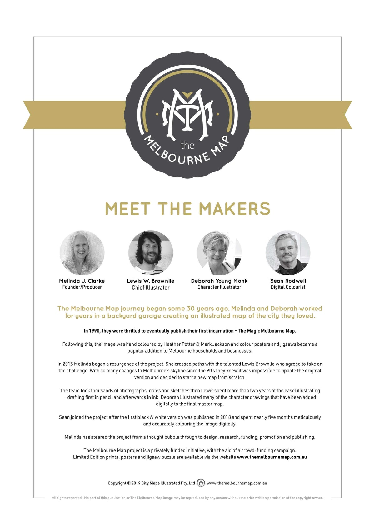 The Melbourne Map&#39;s Meet the Makers document featuring headshots of Melinda Clarke and the artists Lewis Brownlie, Deborah Young-Monk, and Sean Rodwell. The document also gives a brief overview of the project&#39;s history.