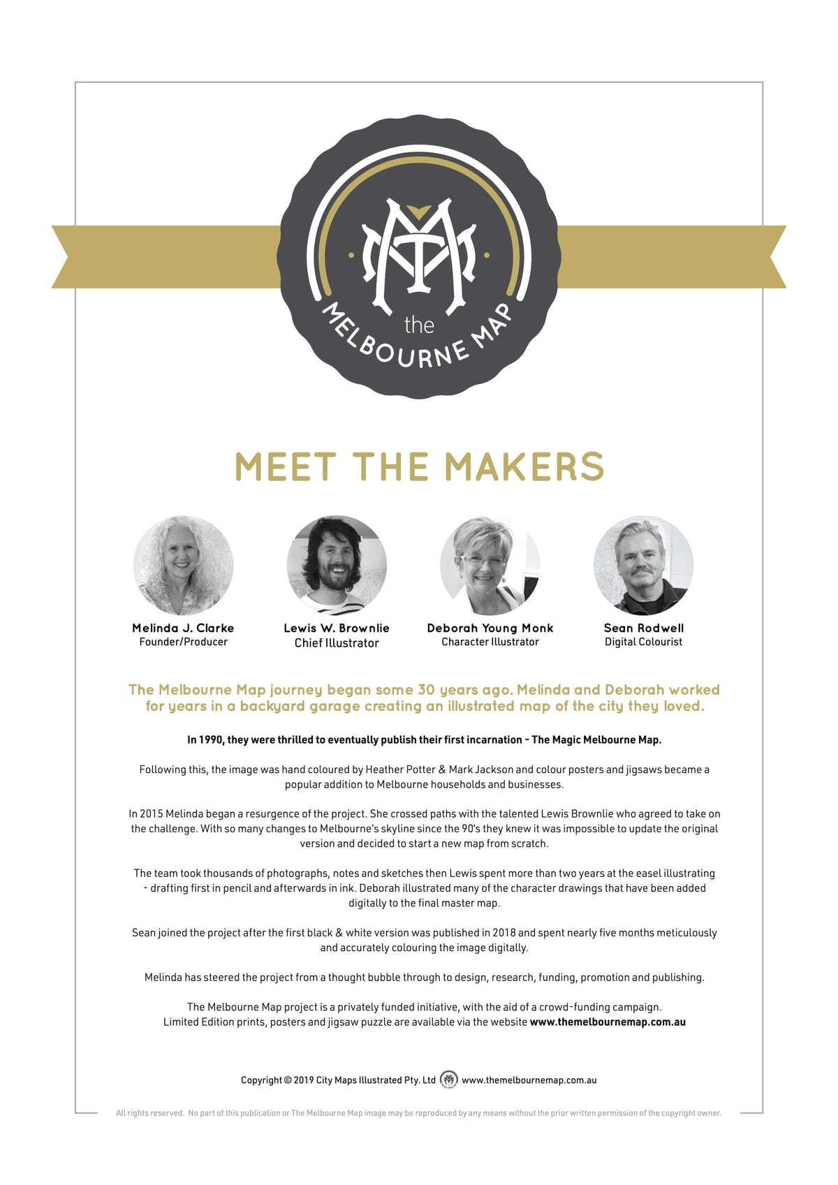 The Melbourne Map&#39;s Meet the Makers document featuring headshots of Melinda Clarke and the artists Lewis Brownlie, Deborah Young-Monk, and Sean Rodwell. The document also gives a brief overview of the project&#39;s history.