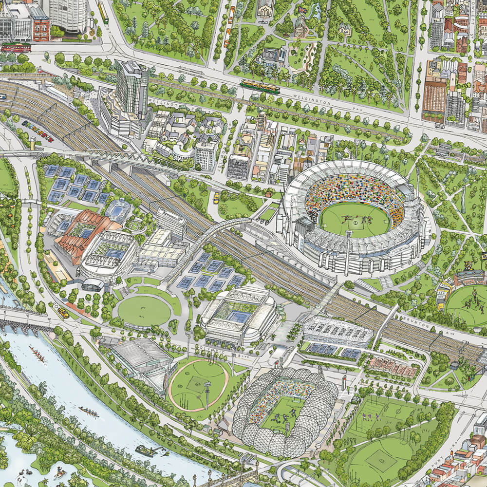 A tile of the sports precinct area and a small section of Richmond, featuring the MCG, the Tennis Centre and other sporting venues, the bottom half of Fitzroy Gardens, including Cooks Cottage, and a snippet of the Botanical Gardens Lake. 