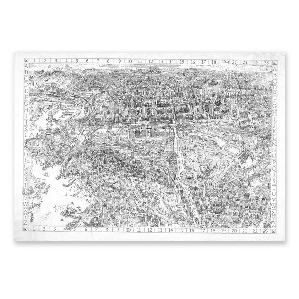 An image of the 1991 limited edition of 25 of The Melbourne Map. Showing the whole illustration on a white background. 