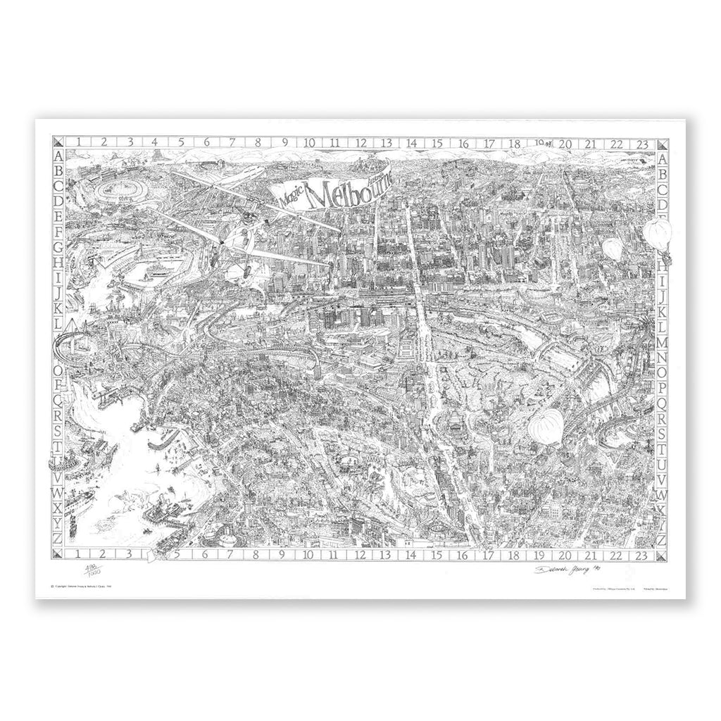 The 1990 Magic Map of Melbourne. Featuring the by-plane that was later removed. This image shows the entire illustration on a white background.. 